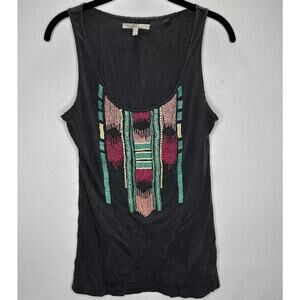 Zara Trafaluc Gray Multicolor Teal Pink Yellow Beaded Aztec Design Tank Top SM